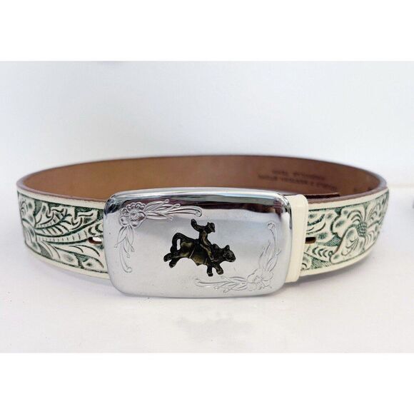 Vintage Justin Leather Hand Tooled Ivory And Green Leather Belt Size 29-34” - Picture 1 of 8